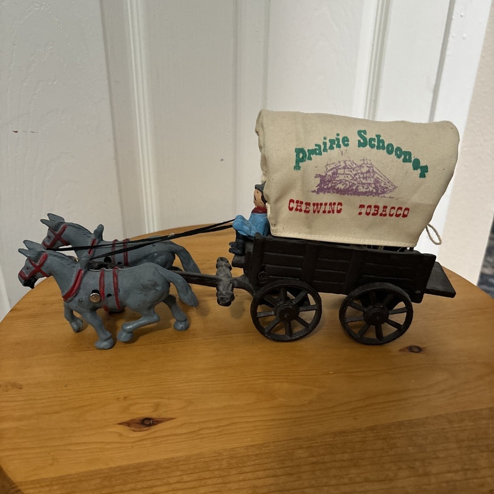 Vtg Prairie Schooner Chewing Tobacco Cast Iron Donkey Team & Covered Wagon
